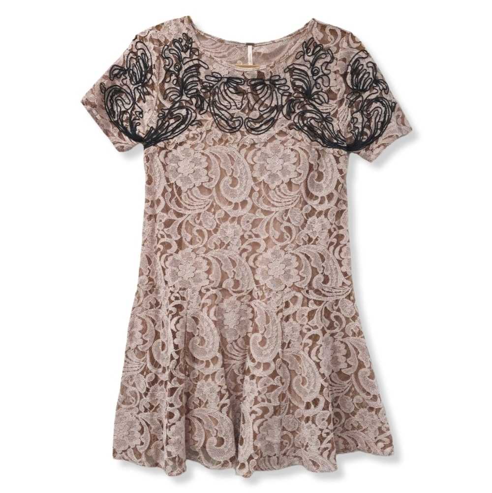 FREE PEOPLE Beautiful Dreamer Blush Black Embroidery Mini Lace Holiday Dress, XS